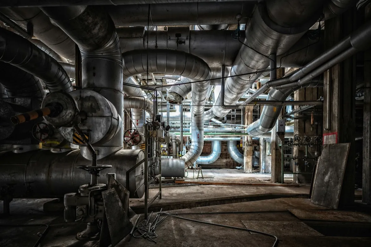 Industrial pipework corridor carrying fire protection distribution risers